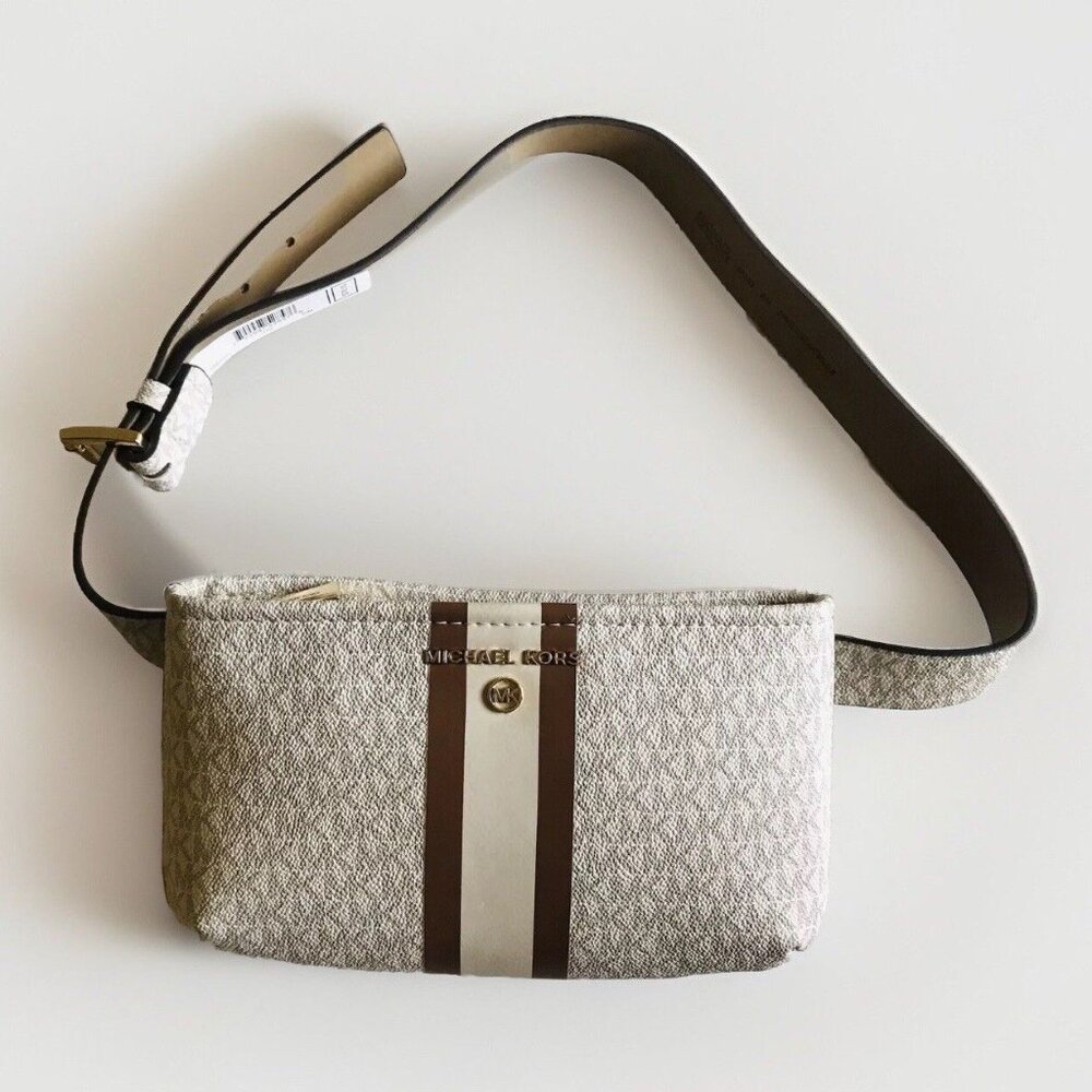 MICHAEL KORS Waist Belt Bag Fanny Pack Beige/White Signature Logo S/M